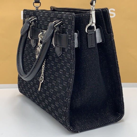 Michael Kors Hamilton Small Logo Embossed Washed Denim Satchel black color - Picture 12 of 15